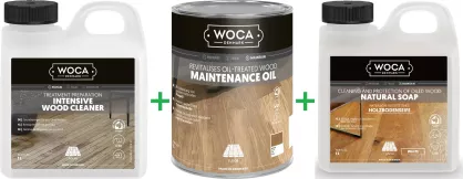 PROMOCJA ZESTAW: Woca Intensive Wood Cleaner 1L intensywne mycie + Woca Maintenance Oil White 0,75L olej odświeżający/regeneracyjny + Woca Soap White 1L mydło do podłóg olejowanych bielonych