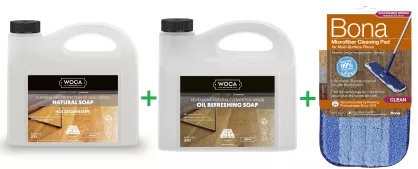 PROMOCJA ZESTAW: Woca Soap White 2,5L mydło do podłóg olejowanych bielonych + Woca Oil Refreshing Soap White 2,5L mydło z dodatkiem oleju + Bona Pad Czyszczący
