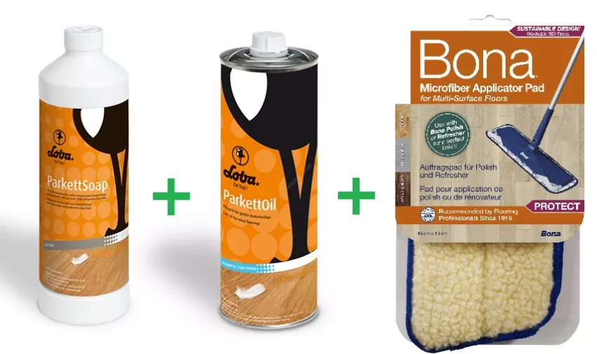 PROMOCJA ZESTAW: Loba ParkettSoap 1L + Loba ParkettOil 1L + Bona Pad Aplikujący