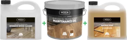 PROMOCJA ZESTAW: Woca Intensive Wood Cleaner 2,5L intensywne mycie + Woca Maintenance Oil Natural 2,5L olej odświeżający/regeneracyjny + Woca Soap Natural 2,5L mydło do podłóg olejowanych 