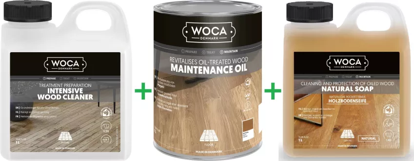 PROMOCJA ZESTAW: Woca Intensive Wood Cleaner 1L intensywne mycie + Woca Maintenance Oil Natural 0,75L olej odświeżający/regeneracyjny + Woca Soap Natural 1L mydło do podłóg olejowanych