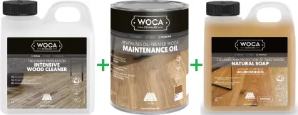PROMOCJA ZESTAW: Woca Intensive Wood Cleaner 1L intensywne mycie + Woca Maintenance Oil Natural 0,75L olej odświeżający/regeneracyjny + Woca Soap Natural 1L mydło do podłóg olejowanych