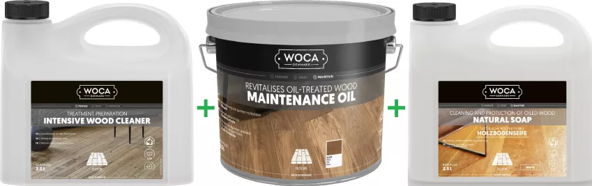 PROMOCJA ZESTAW: Woca Intensive Wood Cleaner 2,5L intensywne mycie + Woca Maintenance Oil White 2,5L olej odświeżający/regeneracyjny + Woca Soap White 2,5L mydło do podłóg olejowanych bielonych