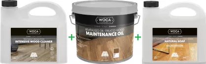 PROMOCJA ZESTAW: Woca Intensive Wood Cleaner 2,5L intensywne mycie + Woca Maintenance Oil White 2,5L olej odświeżający/regeneracyjny + Woca Soap White 2,5L mydło do podłóg olejowanych bielonych