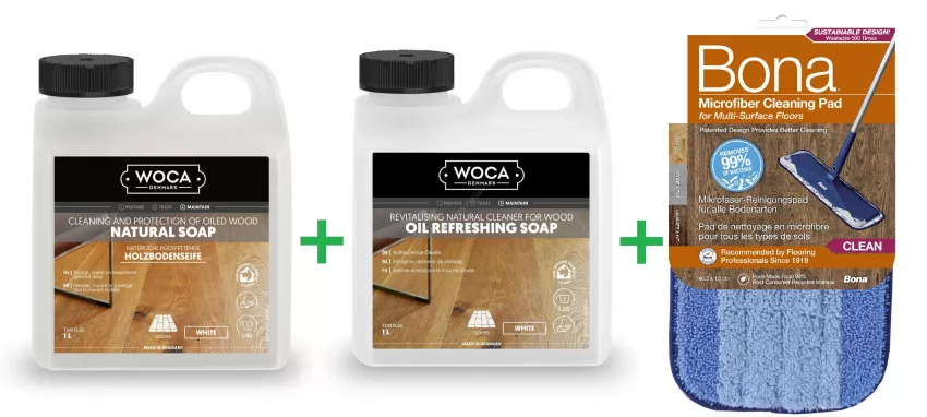 PROMOCJA ZESTAW: Woca Soap White 1L mydło do podłóg olejowanych bielonych + Woca Oil Refreshing Soap White 1L mydło z dodatkiem oleju + Bona Pad Czyszczący