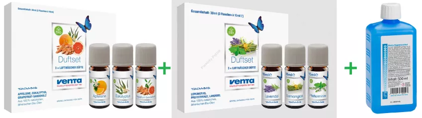 PROMOCJA ZESTAW: Venta TAOASIS Olejki aromatyczne 3x30ML pomarańcz,eukaliptus,grejfrut + Venta TAOASIS Olejki aromatyczne 3x30ML cytryna,lawenda,mięta pieprzowa + Venta Bioabsorber 0,5L środek higieniczny
