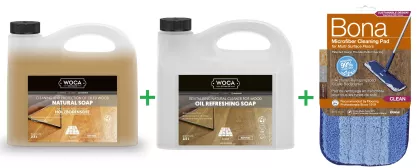 PROMOCJA ZESTAW: Woca Soap Natural 2,5L mydło do podłóg olejowanych + Woca Oil Refreshing Soap Natural 2,5L mydło z dodatkiem oleju + Bona Pad Czyszczący