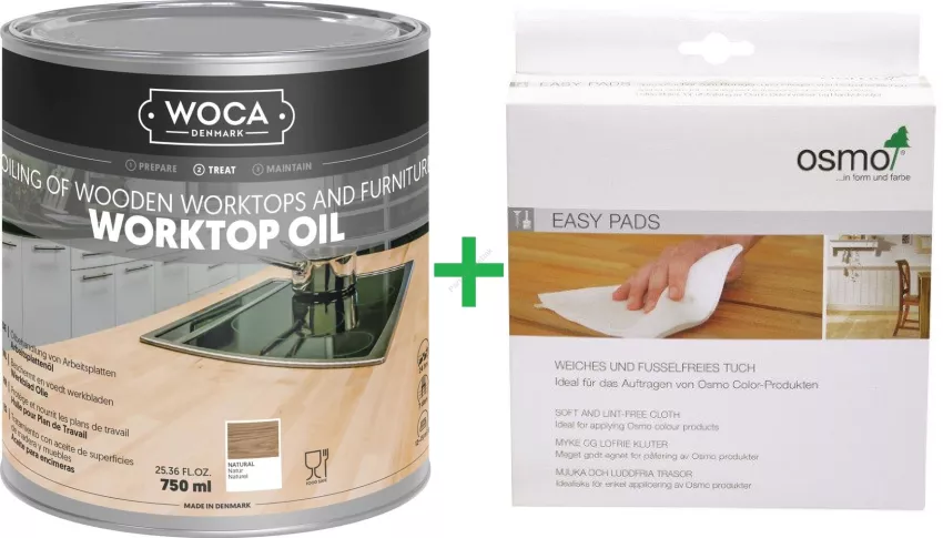PROMOCJA ZESTAW: Woca Worktop Oil Natural 0,75L olej do blatów i mebli + Osmo 141 Easy Pads do aplikacji olejów/pielęgnacji 10 sztuk