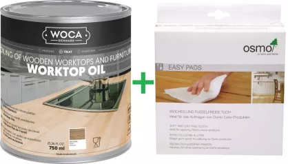 PROMOCJA ZESTAW: Woca Worktop Oil Natural 0,75L olej do blatów i mebli + Osmo 141 Easy Pads do aplikacji olejów/pielęgnacji 10 sztuk