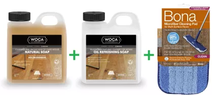 PROMOCJA ZESTAW: Woca Soap Natural 1L mydło do podłóg olejowanych + Woca Oil Refreshing Soap Natural 1L mydło z dodatkiem oleju + Bona Pad Czyszczący