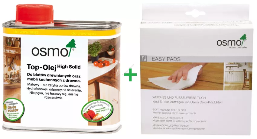PROMOCJA ZESTAW: Osmo 0,5L Top-Olej do blatów,mebli i zabawek + Osmo 141 Easy Pads do aplikacji olejów/pielęgnacji 10 sztuk